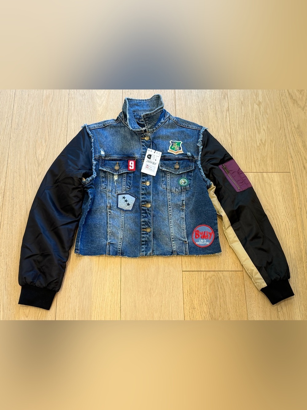 Desigual NWT Rare Hybrid Denim Bomber Jacket XL Patchwork Cropped Streetwear